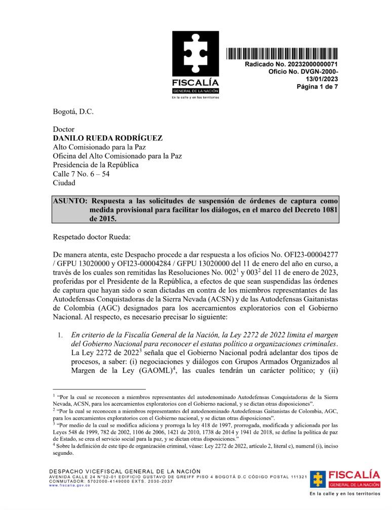 Comunicación enviada por la Fiscalía a la oficina del Alto Comisionado de Paz, Danilo Rueda/Fiscalía General de la Nación