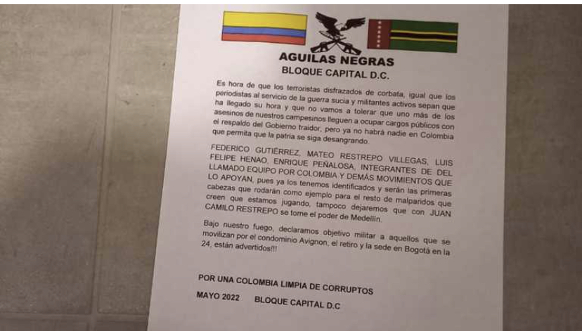 Panfleto de Águilas Negras contra la campaña de Federico Gutiérrez/ Semana
