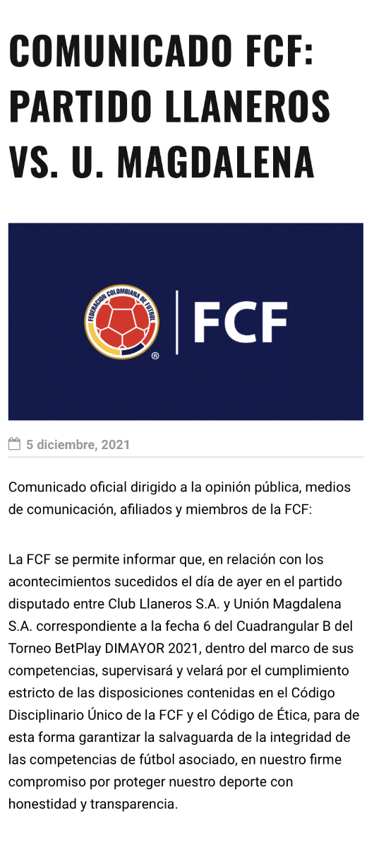 Comunicado FCF: Partido Llaneros vs Unión Magdalena / Foto: Federación Colombiana de Fútbol