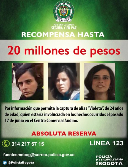 Recompensa alias ‘Violeta’ responsable del atentado en el Centro Comercial Andino el 17 de junio del 2017 / Policía Nacional 