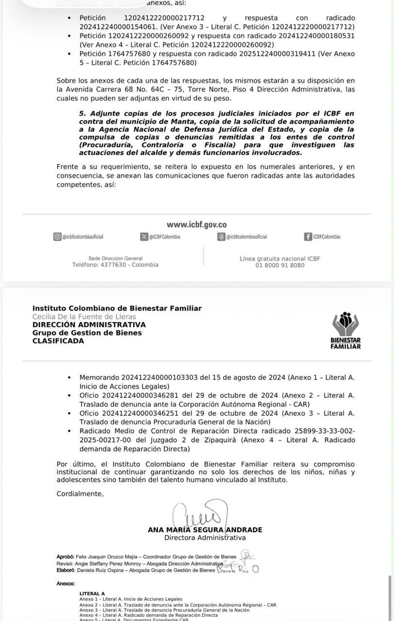 Carta del ICBF a la alcaldía de Manta por la invasión de un terreno de la Nación. 