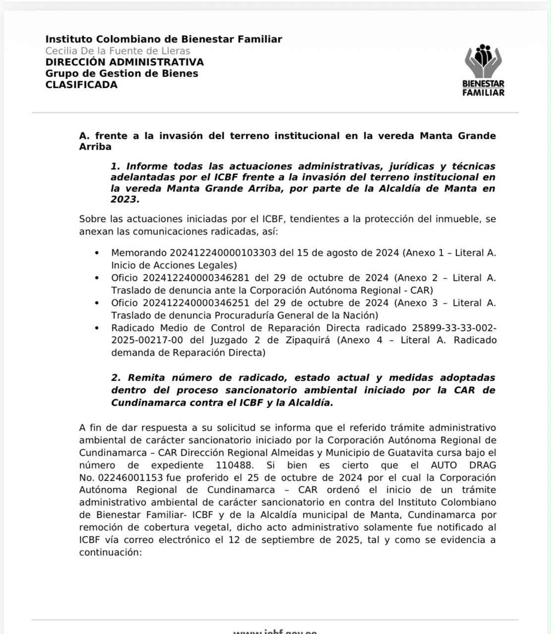 Carta del ICBF a la alcaldía de Manta por la invasión de un terreno de la Nación.