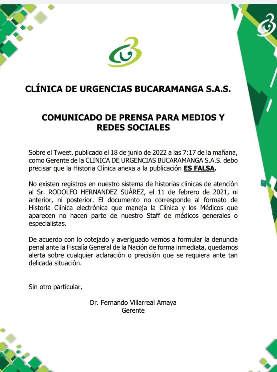 Comunicado oficial Clínica de Urgencias de Bucaramanga / Redes sociales 