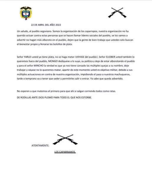 Panfleto del grupo armado Los Caporros contra líderes mineros en Segovia y Remedios, Antioquia / Redes sociales