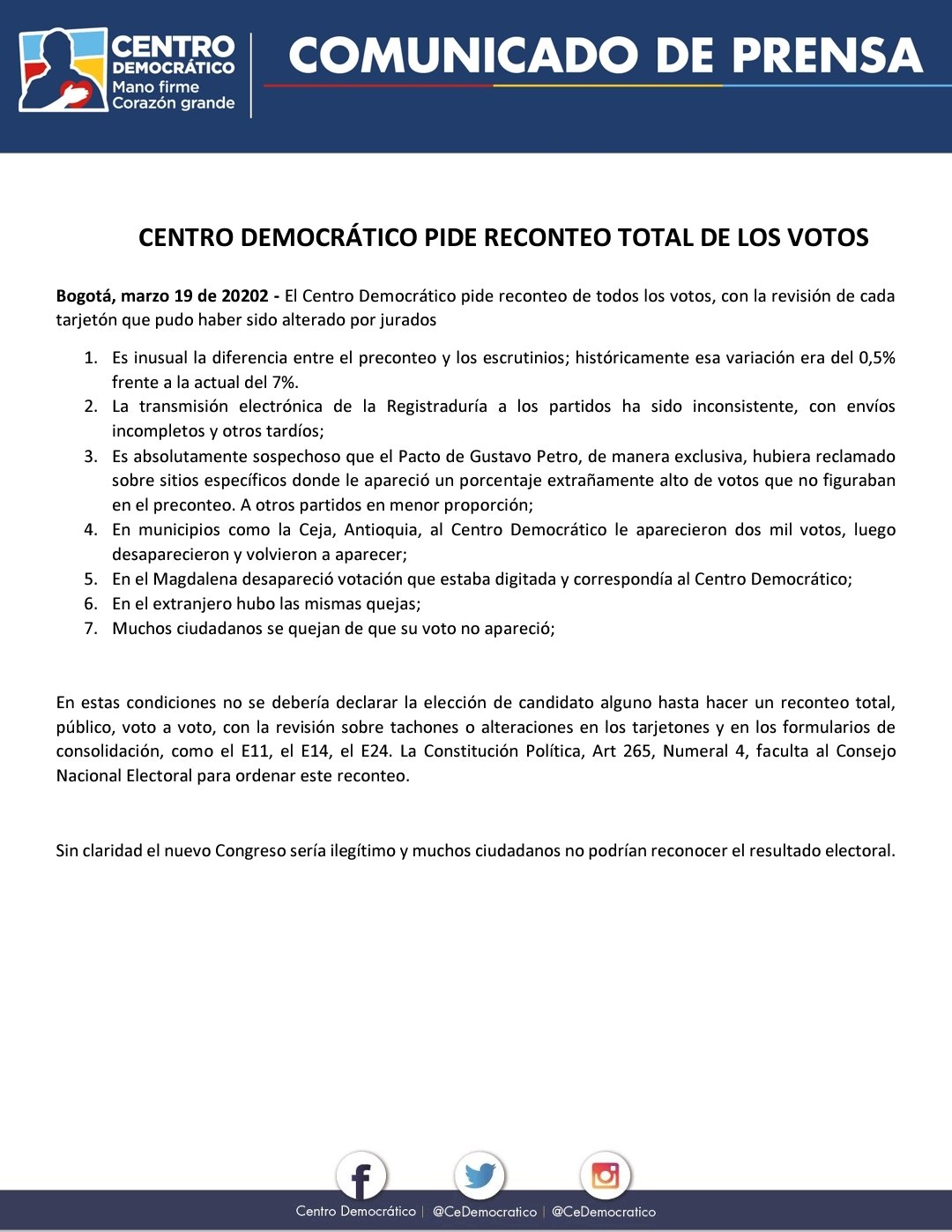 Comunicado de prensa petición reconteo total de votos Centro Democrático/ Foto: @CeDemocratico