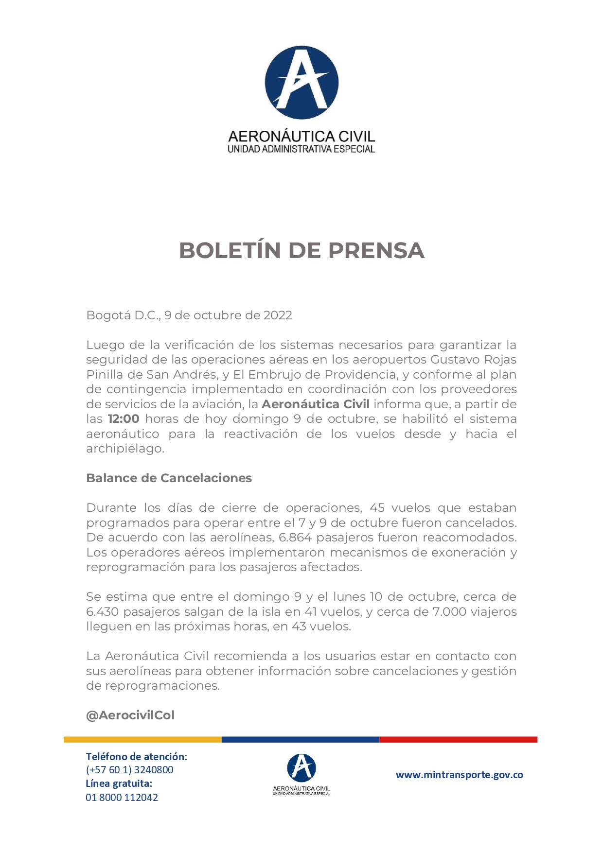 BOLETÍN DE PRENSA AERONÁUTICA CIVIL