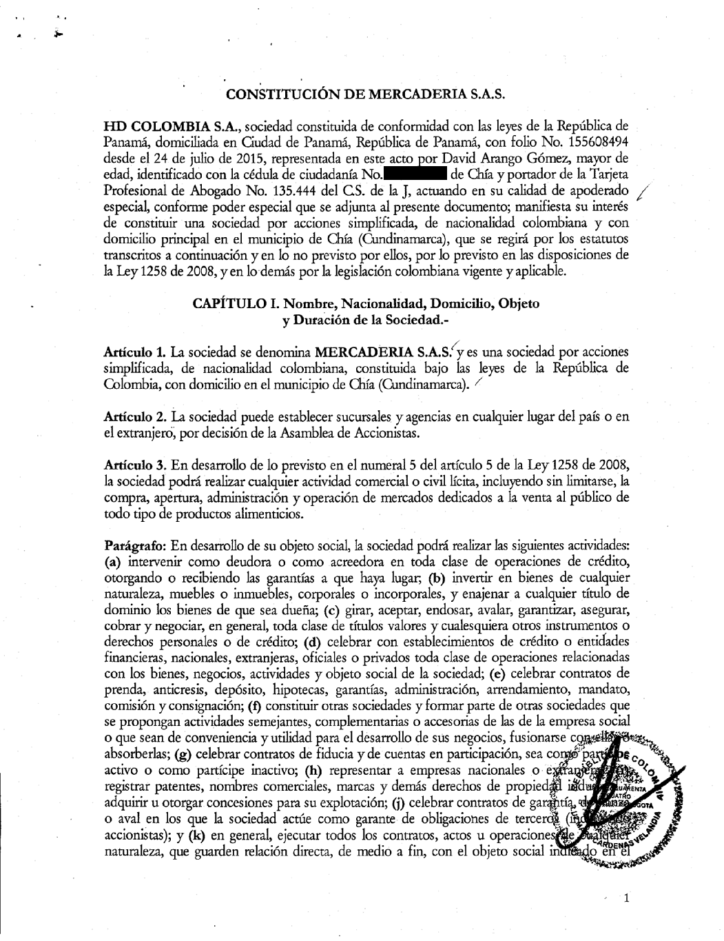 Documento de constitución de Mercadería SAS EN Colombia 
