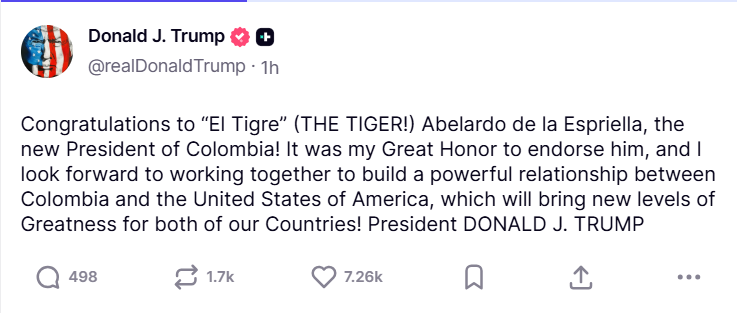 Mensaje de Donald Trump en Truth Social.
