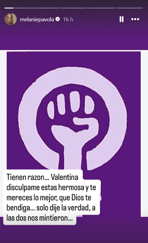 Historia de Melanie Pavola pidiendo disculpas a Valentina Ferrer