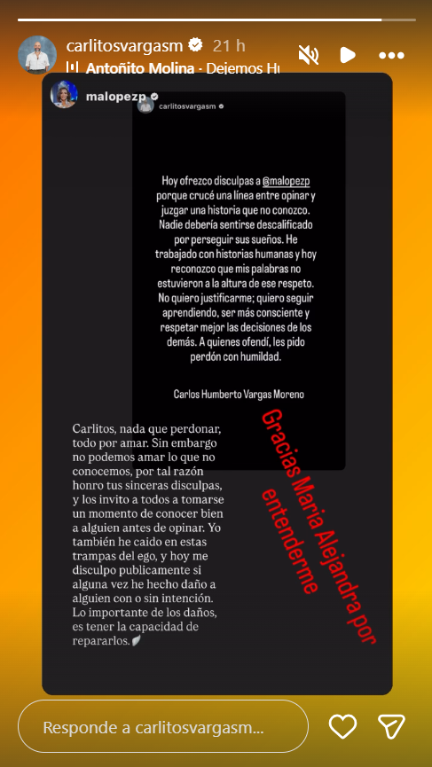Cruce de mensajes entre Carlos Vargas y María Alejandra López en Instagram.