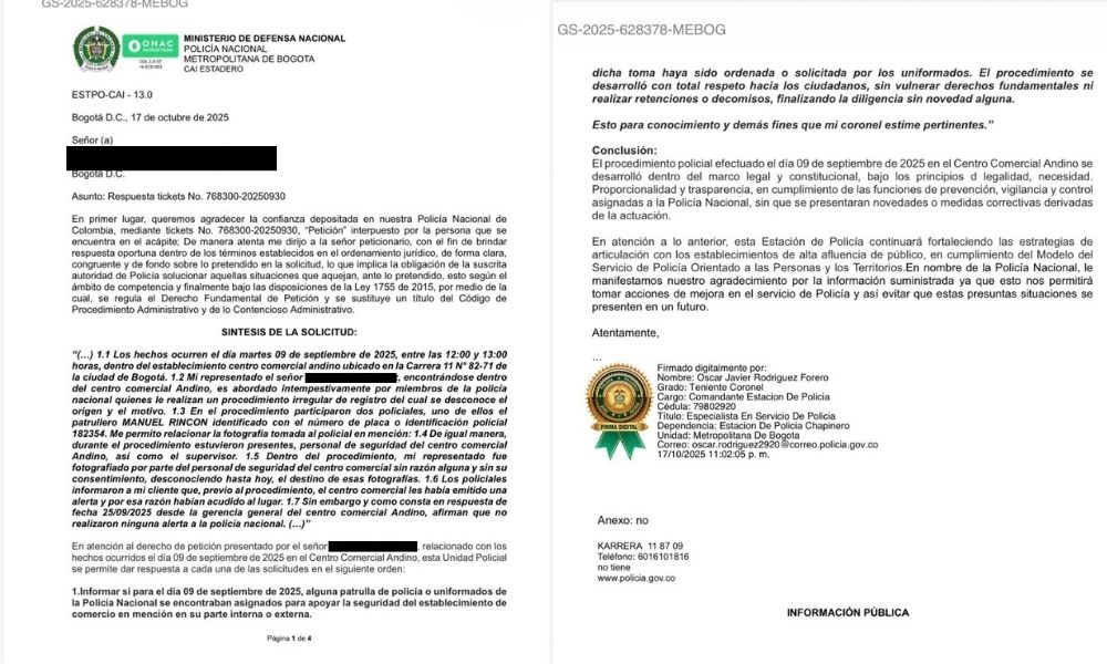 Facsímil de la respuesta de la policía del 17 de octubre de 2025.