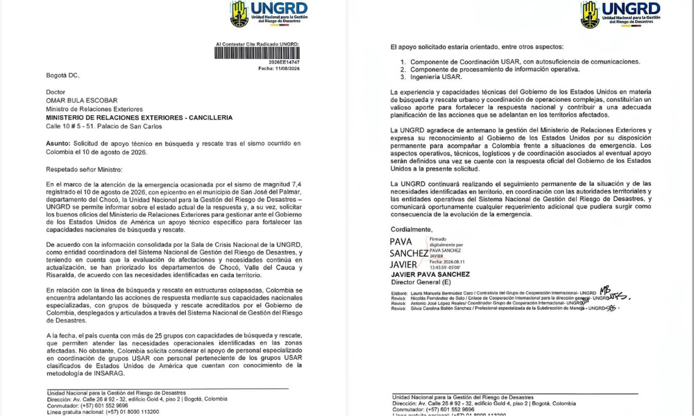 Carta del 11 de agosto de Javier Pava, exdirector de la UNGRD al canciller Omar Bula