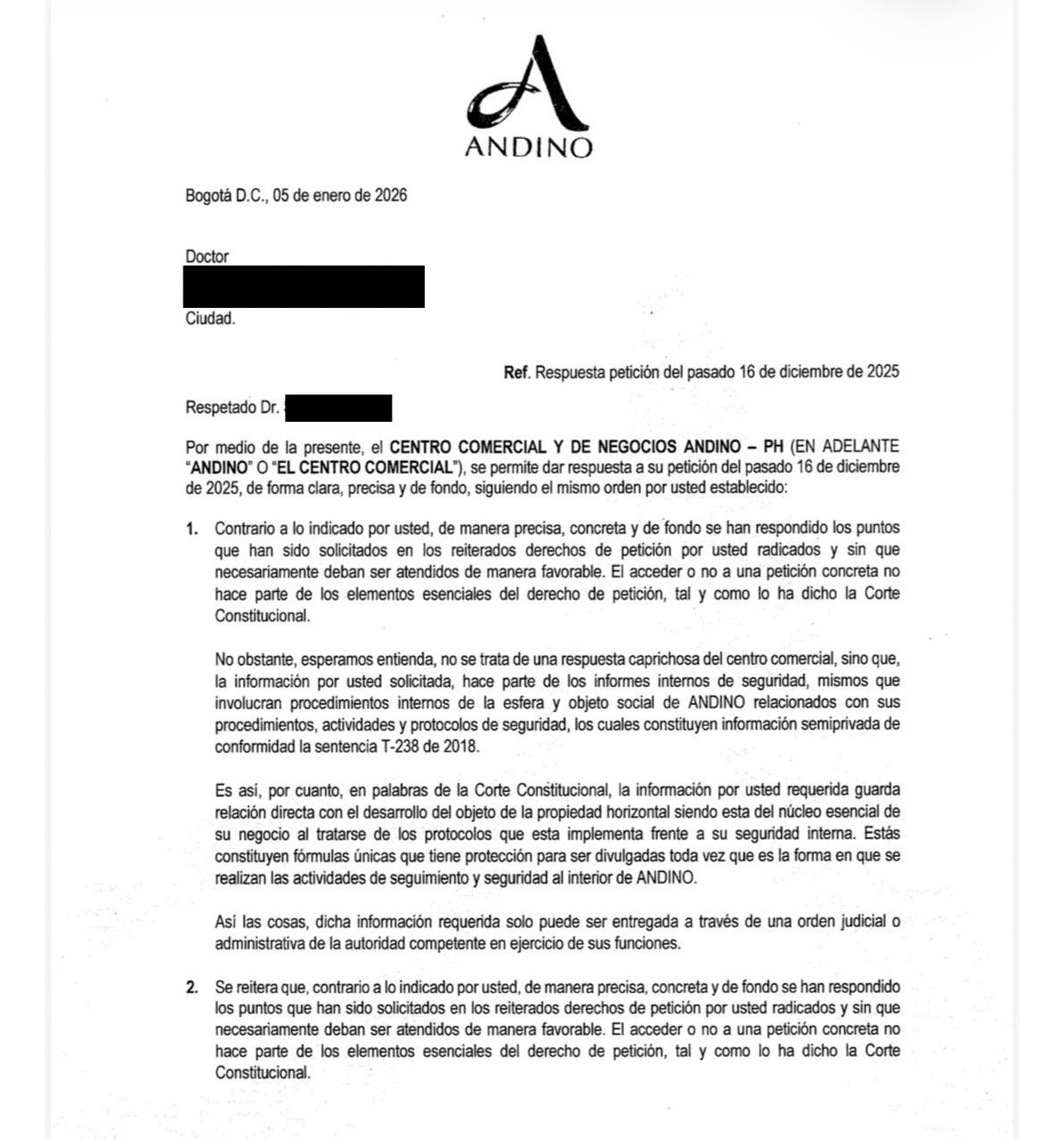 Facsímil de la respuesta del Centro Andino del 5 de enero de 2026.