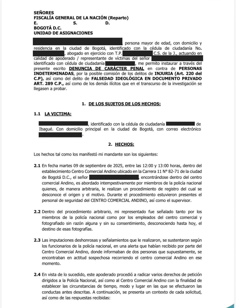 Facsímil de la denuncia radicada en Fiscalía.