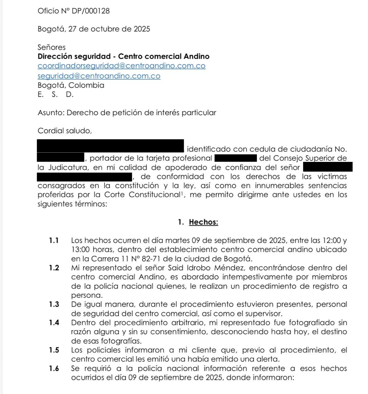 Facsímil del derecho de petición enviado al Centro Andino el 27 de octubre.