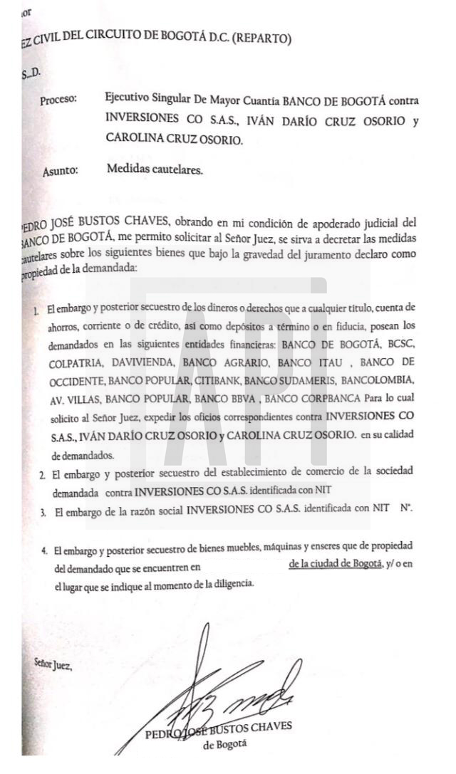 FACSIMIL DEL OFICIO DE SOLICITUD DE EMBARGO