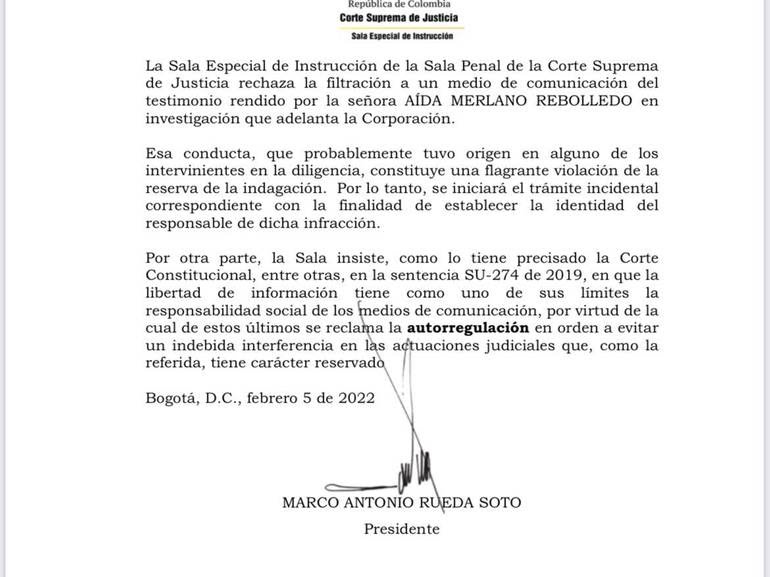 Comunicado Corte Suprema de Justicia declaraciones Aida Merlano / Foto: Corte Suprema de Justicia