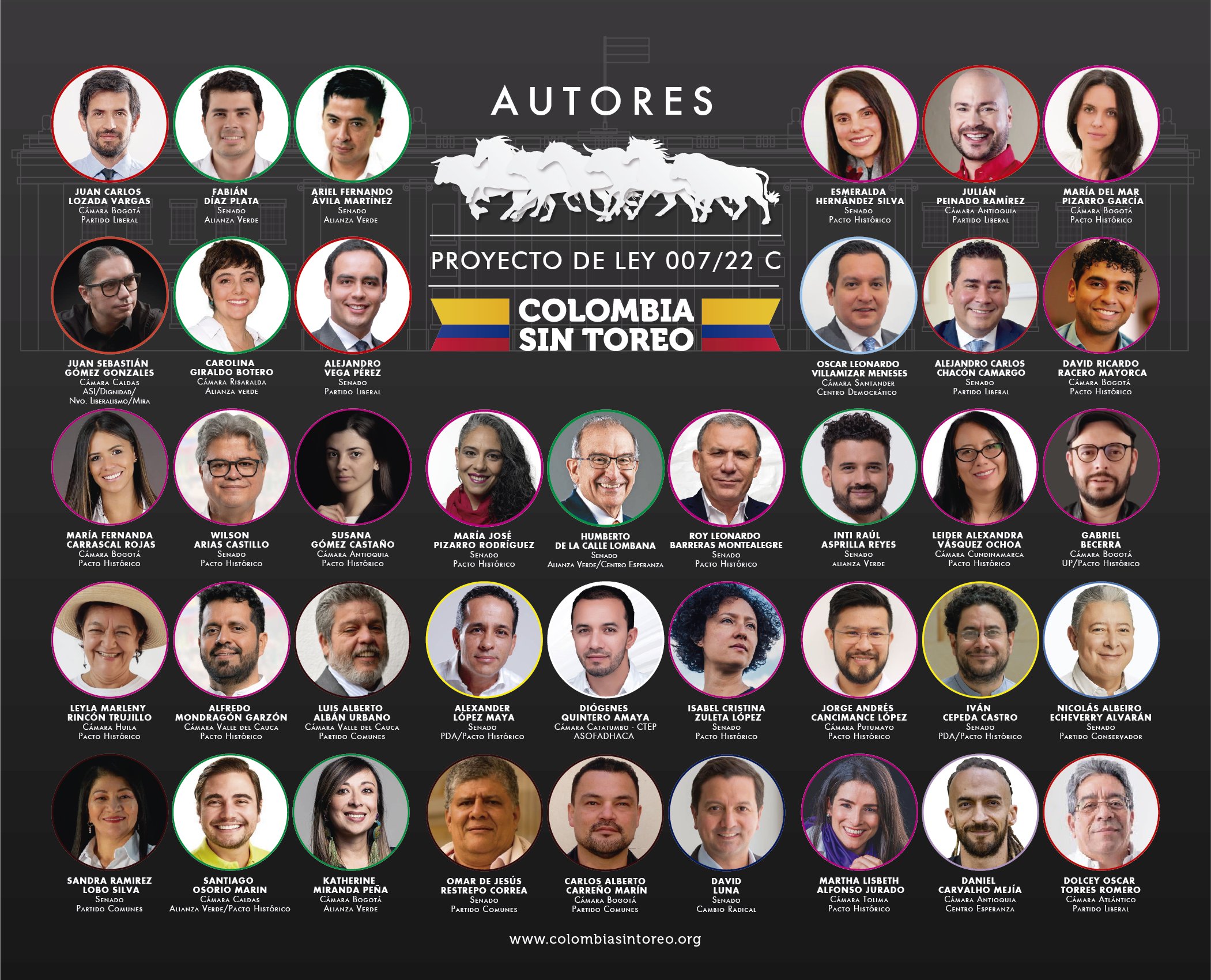40 congresistas quienes apoyan la iniciativa legislativa de una Colombia Sin Toreo.