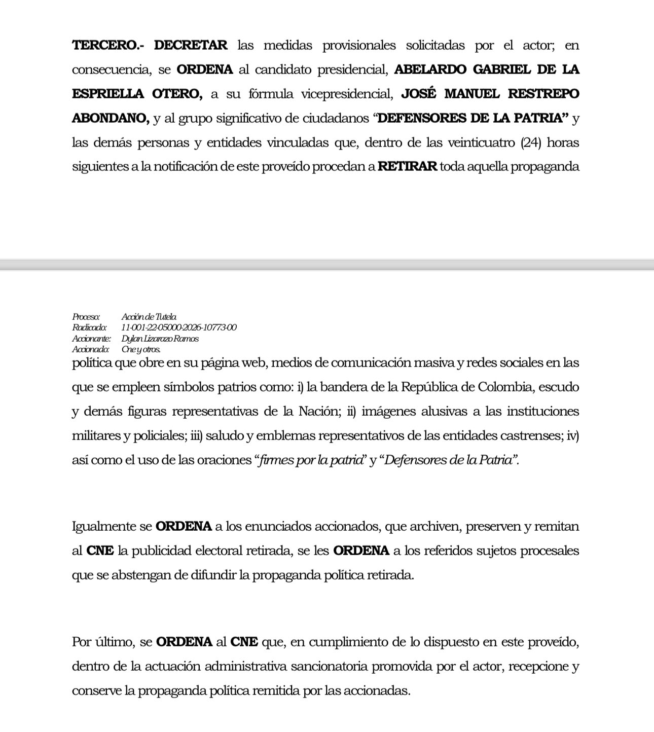 Tribunal de Bogotá le prohíbe a Abelardo De la Espriella usar la frase “firmes por la patria” y la bandera.