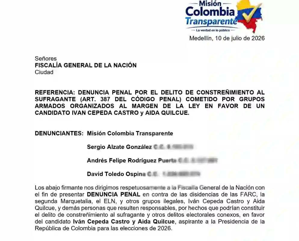 Denuncia de Misión Colombia Transparente. Redes sociales.