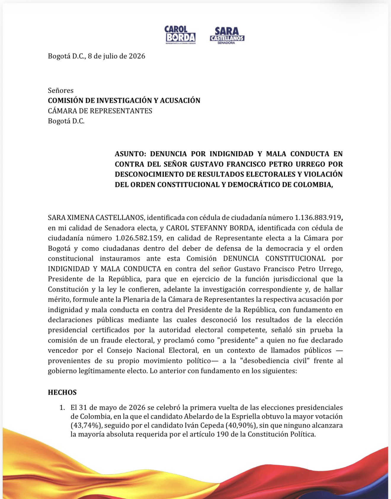 Carol Borda y Sara Castellanos denuncian al presidente Gustavo Petro ante la Comisión de Acusación de la Cámara de Representantes por desconocer resultados electorales. X - @CarolBordaA