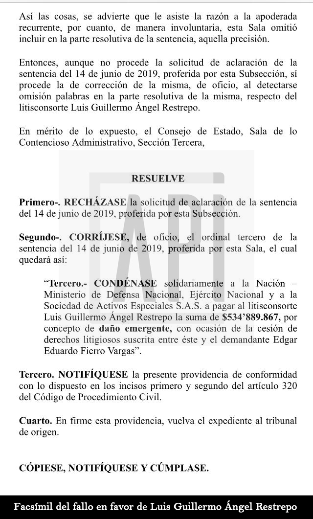 FACSIMIL CON LEYENDA: FACSIMIL DEL FALLO EN FAVOR DE LUIS GUILLERMO ANGEL RESTREPO