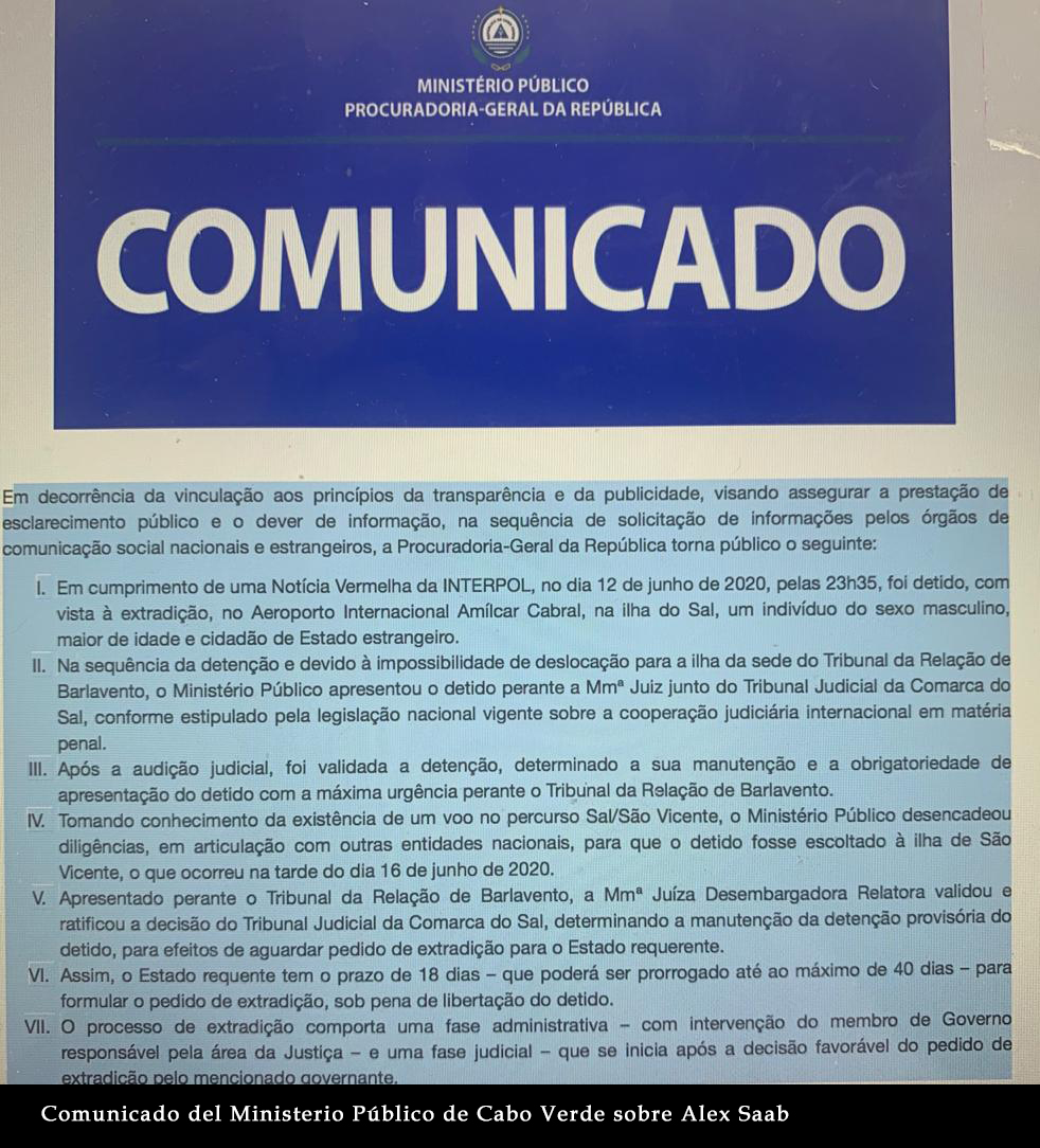COMUNICADO DE MINISTERIO PUBLICO DE CABO VERDE SOBRE ALEX SAAB