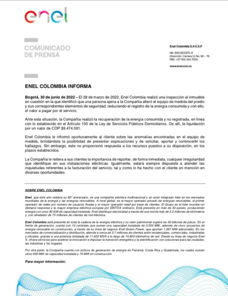 Comunicado Enel Colombia/Enel