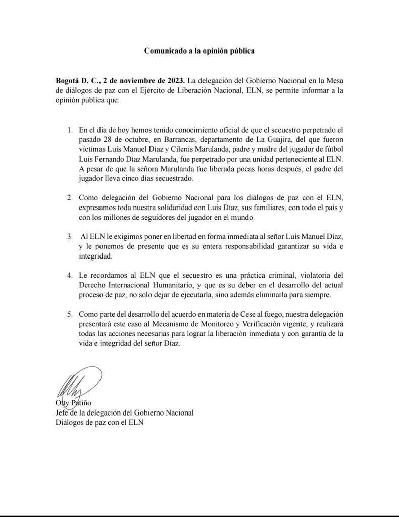 COMUNICADO ELN PADRE DE LUIS DÍAZ