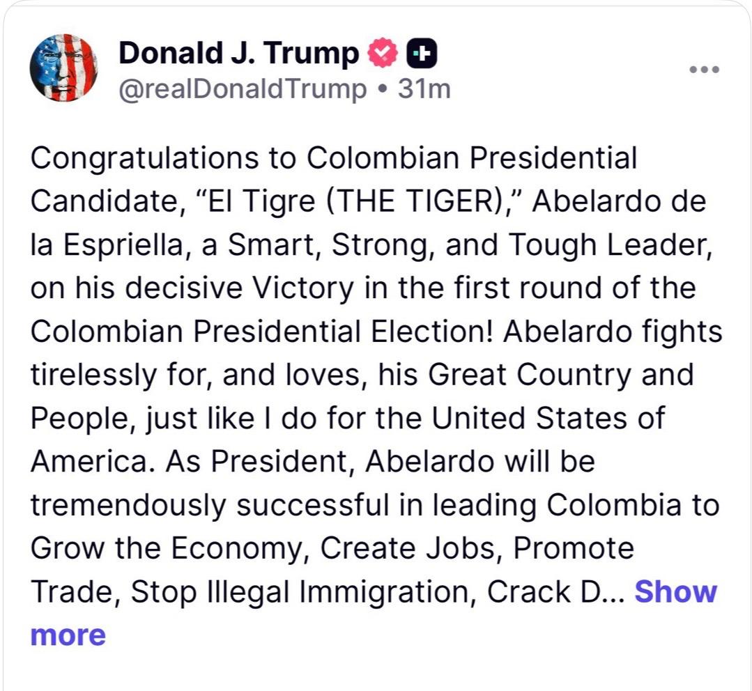 Mensaje de Donald Trump en Truth Social.