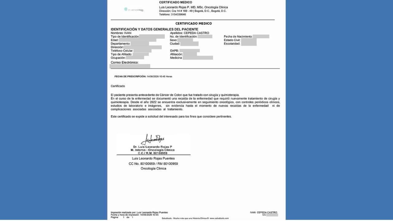 Certificado médico de Iván Cepeda, suministrado por la campaña.