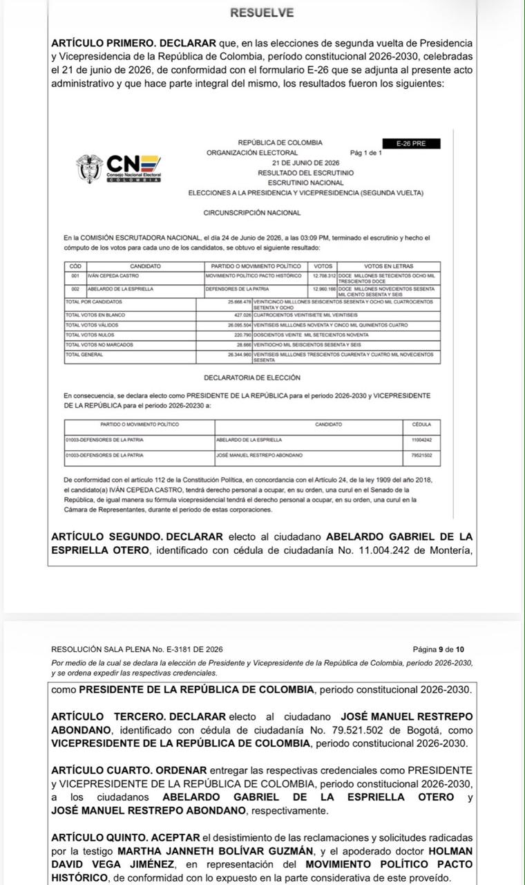 Resolución que declara a Abelardo De la Espriella como presidente de Colombia 2026-2030.