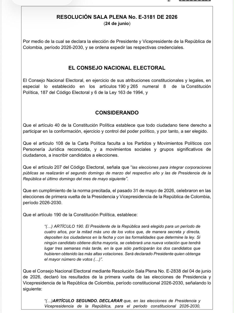 Resolución que declara a Abelardo De la Espriella como presidente de Colombia 2026-2030.