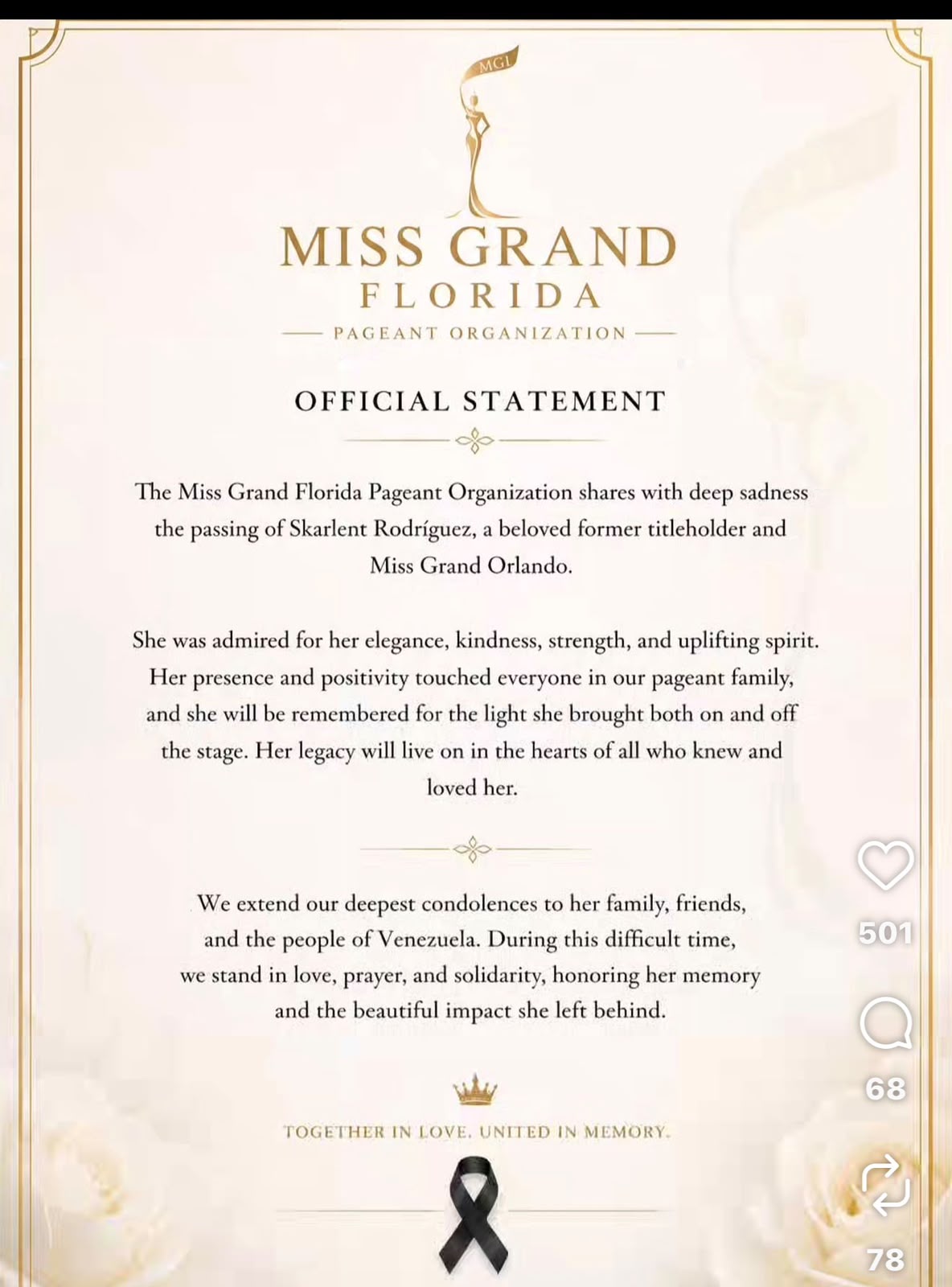 Pronunciamiento de Miss Grand Florida sobre fallecimiento de Skarlent Rodríguez