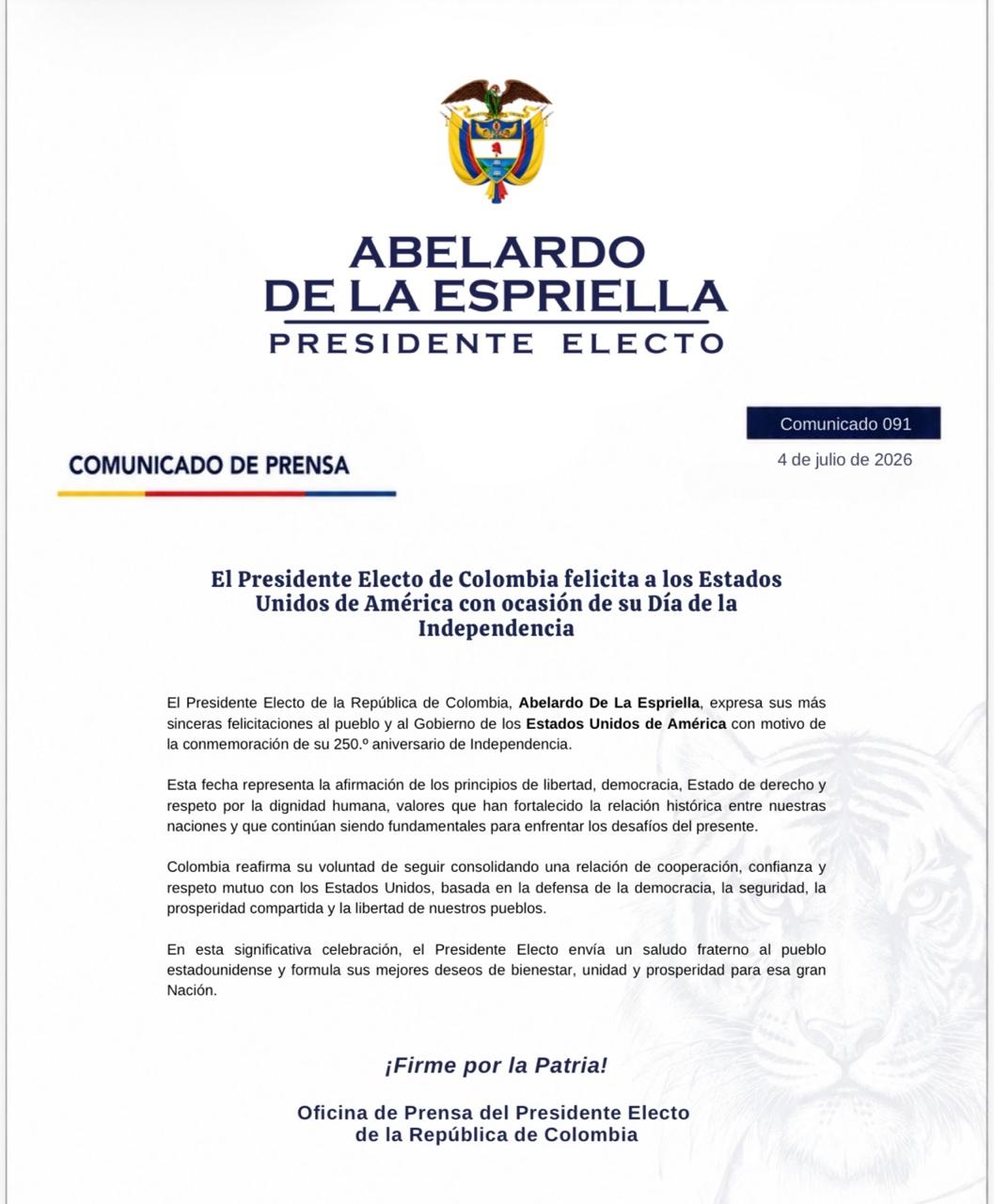 Comunicado de Abelardo De la Espriella