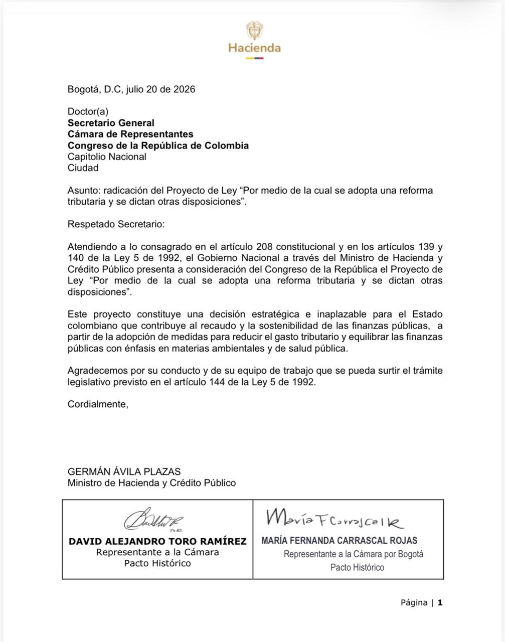 Radicación de nueva Reforma Tributaria