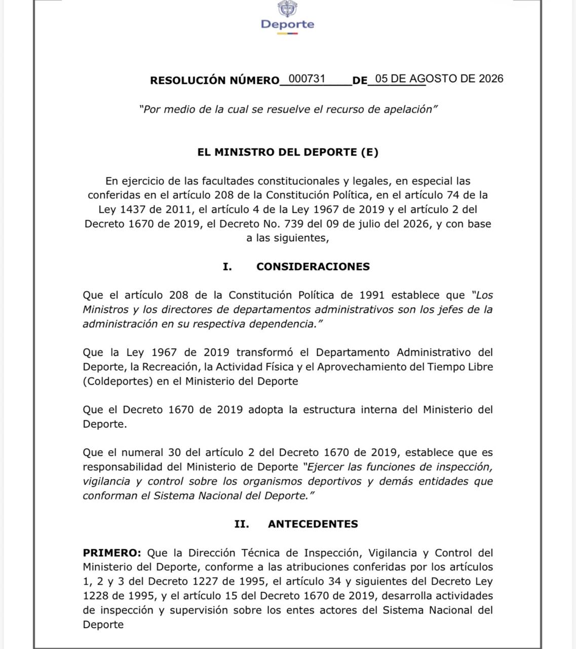 Resolución del MinDeporte.