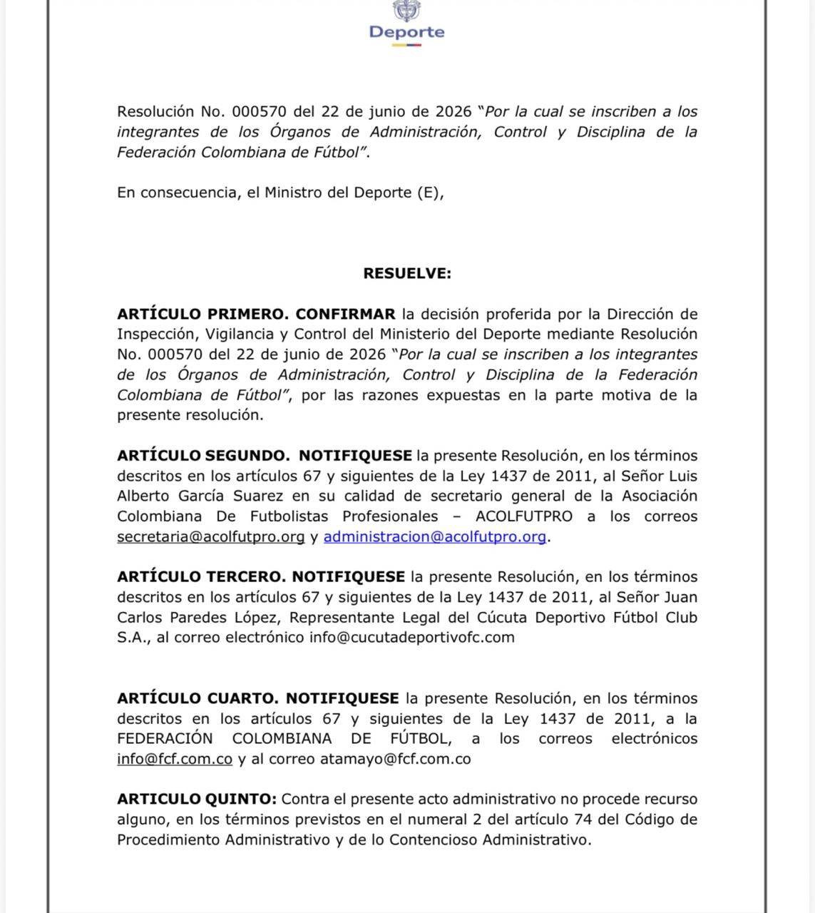 Resolución del MinDeporte.