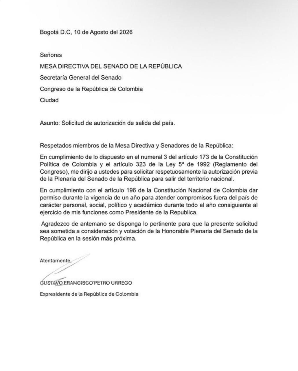 Carta del expresidente Gustavo Petro. Suministrada.