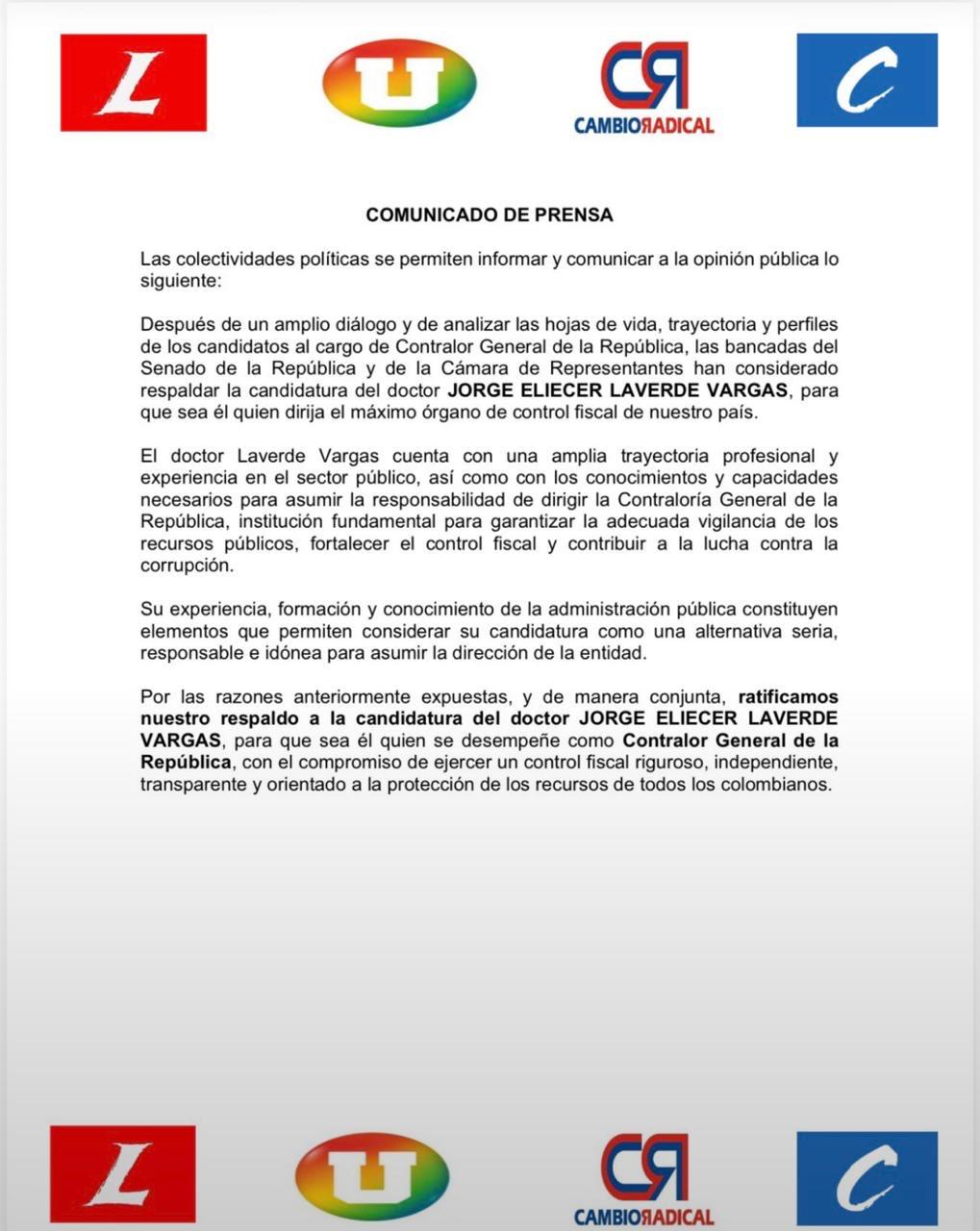Comunicado del Partido Liberal, Partido de la U, Cambio Radical y Partido Conservador.