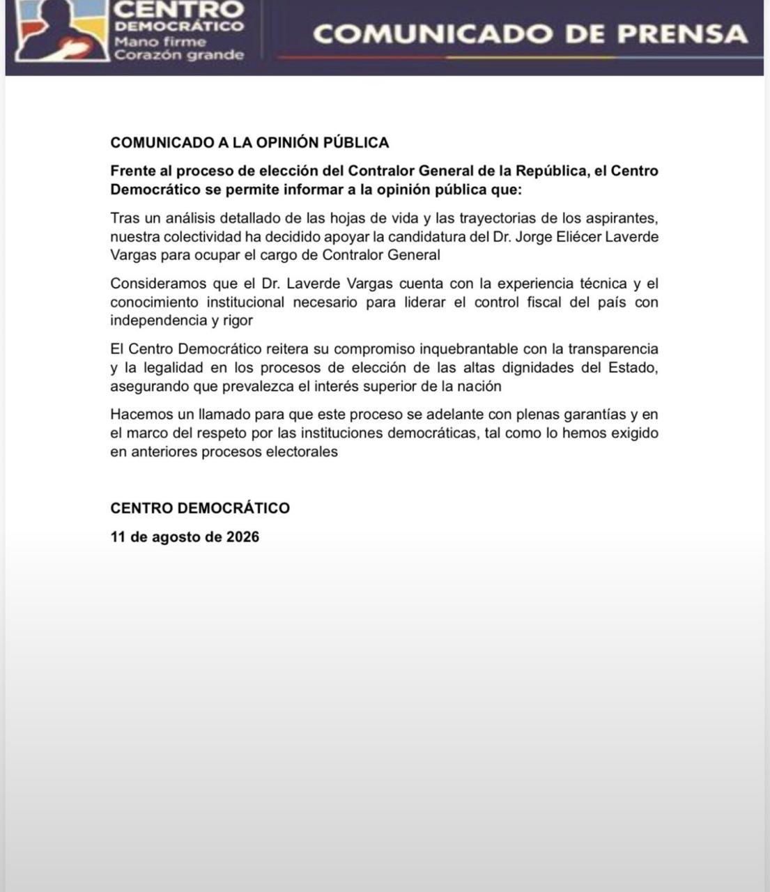Comunicado del Centro Democrático.