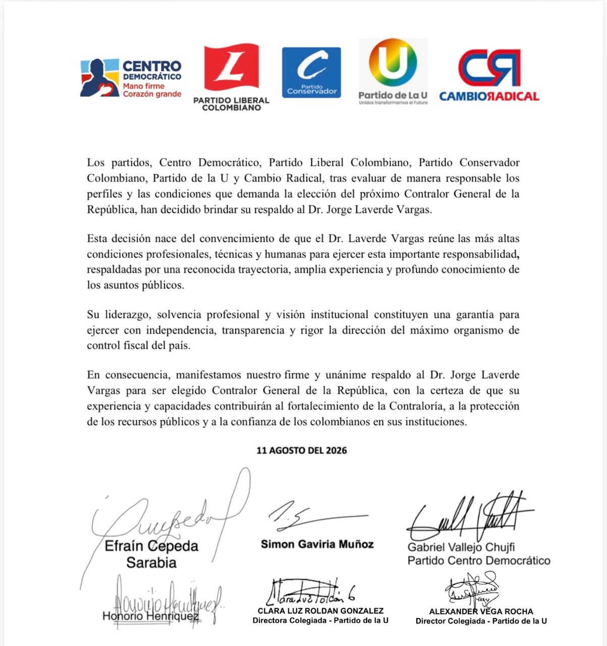 Comunicado del Centro Democrático, Partido Liberal, Partido Conservador, Partido de la U y Cambio Radical.