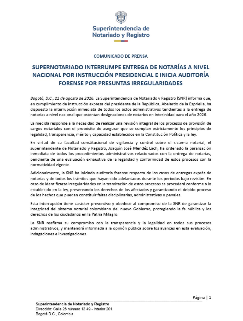 Comunicado de la Superintendencia de Notariado y Registro