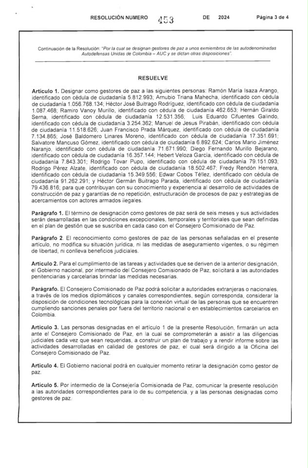 Segunda página del decreto designación como gestores de paz.