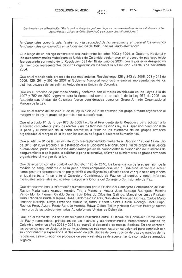 Tercera página del decreto de designación como gestores de paz.
