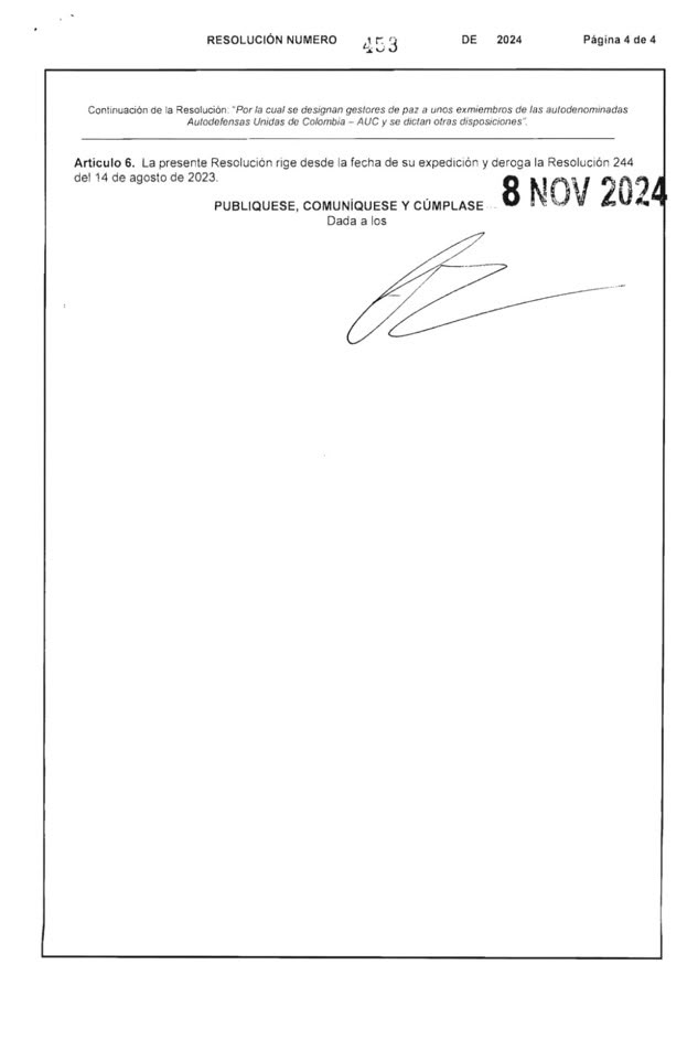Cuarta página del decreto de designación como gestores de paz.
