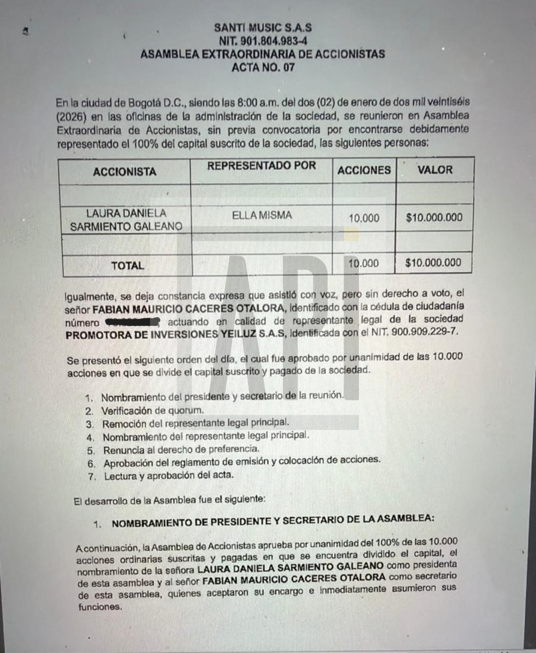 Facsimil del acta registrada una semana antes de la muerte de Yeison Jiménez