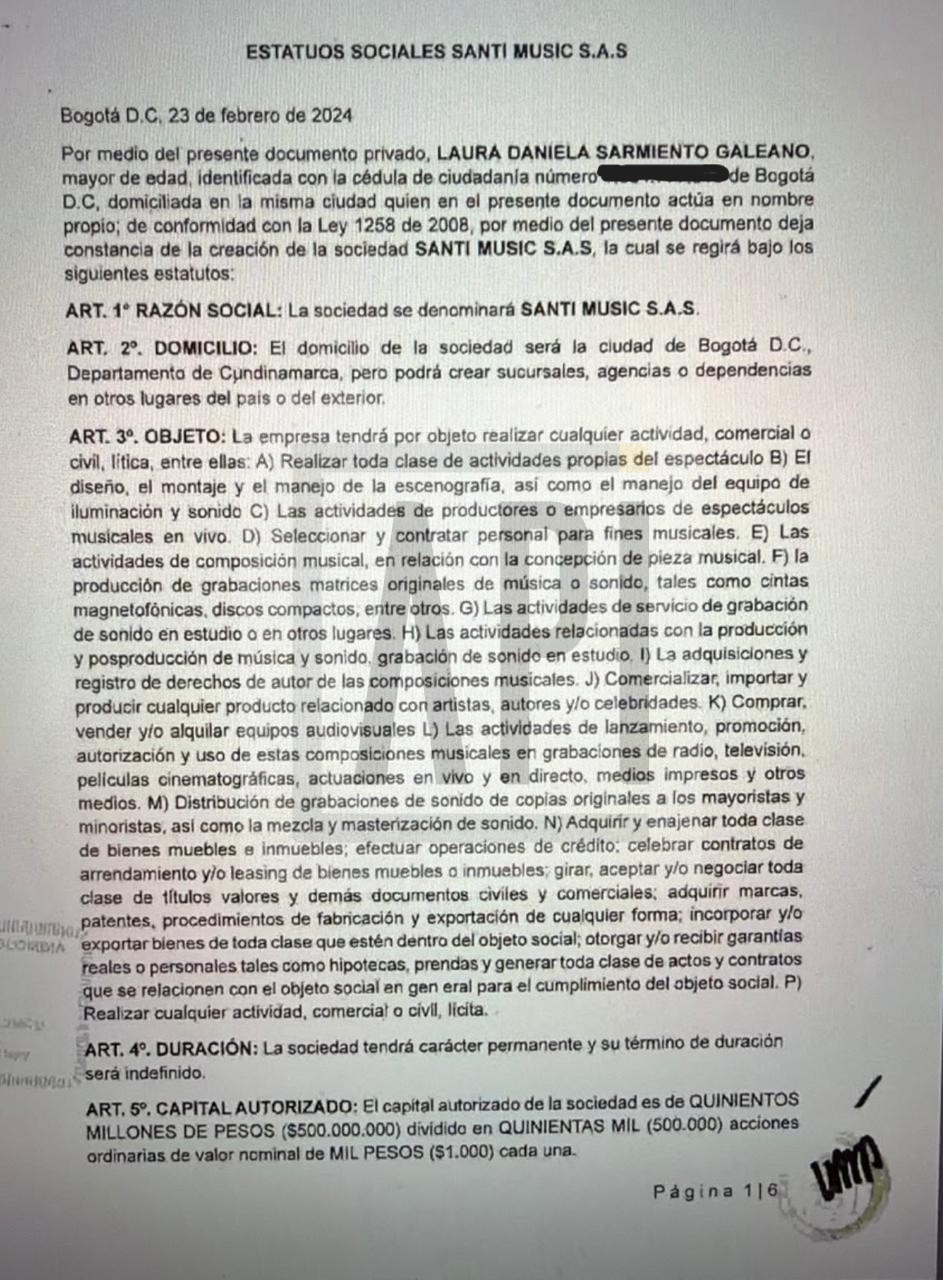 Facsímil de la primera página del documento de constitución de Santi Music