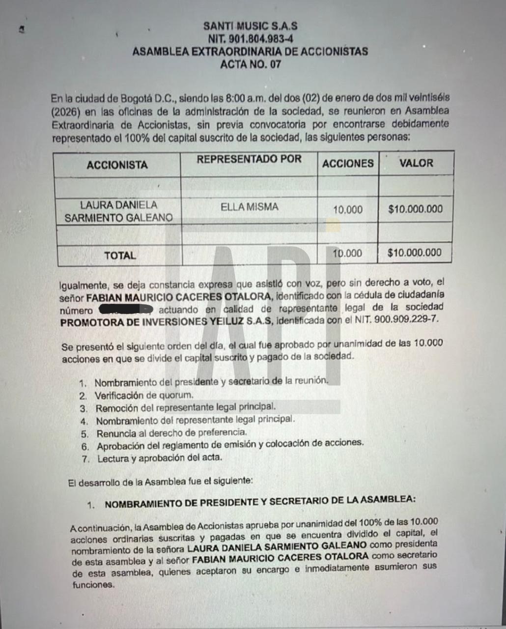 Facsímil del acta número 7 que generó la molestia en la madre de Yeison Jiménez
