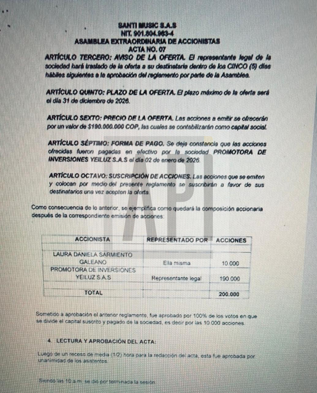 Acta de la asamblea extraordinaria con la mayoría accionaria de Laura Sarmiento hermana de Yeison Jiménez
